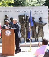 After delivering the introduction, Eric Branch turns the podium over to Gov. Terry
McAuliffe for the announcement that 13,000 people once again will be able to vote.
Location: The Virginia Civil Rights Memorial on Capitol Square in Downtown. The
governor restored Mr. Branch’s voting rights last year. A Chesterfield County resident
who once served time for breaking-and-entering, Mr. Branch now owns and operates a
lawn care service.