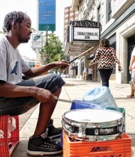 Rakeem Bruce delivers his signature beats in Downtown. He’s among the group of street musicians dubbed the Bucket Heads who perform original rhythms on traditional and nontraditional percussion instruments in hopes of receiving donations from passers-by. He was playing last Friday in the 700 block of East Broad Street.