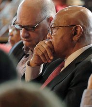 Joe Stewart, center, listens intently as Georgetown University lays out its plans to deal with its links to slavery. His forebears were among the enslaved people the Jesuit-run university sold in 1838 to pay off debts. 