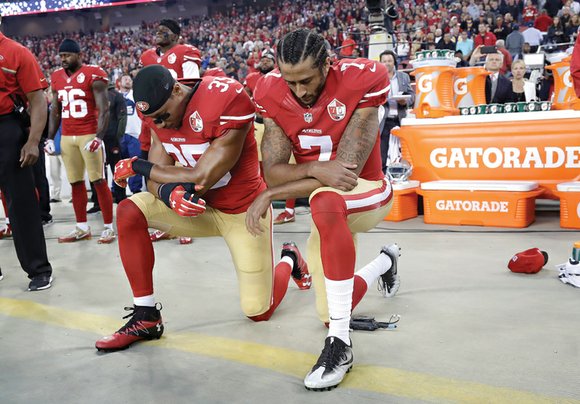 Colin Kaepernick and Eric Reid once again kneeled during the national anthem before the San Francisco 49ers’ season opener Monday ...