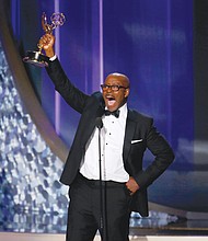 Courtney B. Vance accepts the award for outstanding lead actor in a limited series or movie for his role as the late renowned defense attorney Johnnie Cochran in “The People v. O.J. Simpson.” Mr. Vance acknowledged his wife, actress Angela Bassett, in accepting the award.
