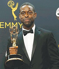 Sterling K. Brown shows off the outstanding supporting actor in a limited series Emmy he won for a movie portraying prosecutor Christopher Darden in “The People v. O.J. Simpson.”