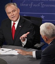 Sen. Tim Kaine, the Democratic vice presidential nominee, makes a point during the debate Tuesday with Republican nominee Mike Pence of Indiana at Longwood University in Farmville.