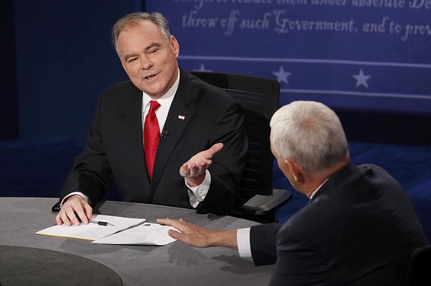 Sen. Tim Kaine, the Democratic vice presidential nominee, makes a point during the debate Tuesday with Republican nominee Mike Pence of Indiana at Longwood University in Farmville.