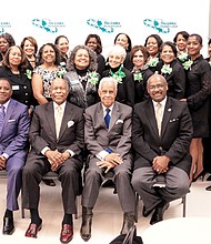 Links host history makers at VUU //
Members of the James River Valley Chapter of The Links Inc. pose with their distinguished guests, seated from left, Kym Grinnage, vice president and general manager of WWBT/NBC12; Dr. Louis W. Sullivan, founding dean of the Morehouse School of Medicine and a former U.S. secretary of health and human services under President George H.W. Bush; former Gov. L. Douglas Wilder, the nation’s first African-American elected governor; and Dr. Joseph F. Johnson, acting president of Virginia Union University. The women’s service organization hosted a community forum Oct. 10 at VUU featuring Dr. Sullivan and Gov. Wilder. The two talked about their latest books, with 200 copies purchased and donated for distribution to local high school and college students.