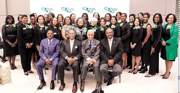 Links host history makers at VUU //
Members of the James River Valley Chapter of The Links Inc. pose with their distinguished guests, seated from left, Kym Grinnage, vice president and general manager of WWBT/NBC12; Dr. Louis W. Sullivan, founding dean of the Morehouse School of Medicine and a former U.S. secretary of health and human services under President George H.W. Bush; former Gov. L. Douglas Wilder, the nation’s first African-American elected governor; and Dr. Joseph F. Johnson, acting president of Virginia Union University. The women’s service organization hosted a community forum Oct. 10 at VUU featuring Dr. Sullivan and Gov. Wilder. The two talked about their latest books, with 200 copies purchased and donated for distribution to local high school and college students.