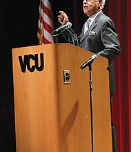 Former Gov. L. Douglas Wilder talks about conditions in Richmond during his childhood during Monday’s symposium on race and American society at Virginia Commonwealth University.