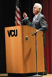 Former Gov. L. Douglas Wilder talks about conditions in Richmond during his childhood during Monday’s symposium on race and American society at Virginia Commonwealth University.