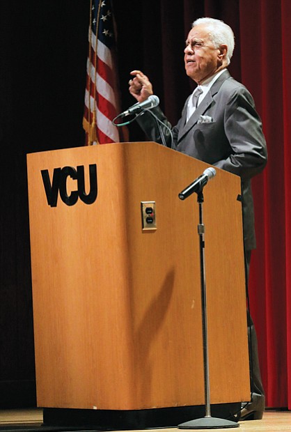 Former Gov. L. Douglas Wilder talks about conditions in Richmond during his childhood during Monday’s symposium on race and American society at Virginia Commonwealth University.