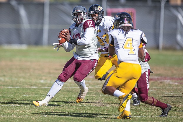 Virginia Union University quarterback Shawheem Dowdy drops back to pass during last Saturday’s comeback victory over Bowie State University at Hovey Field in Richmond.