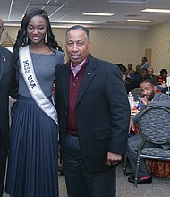 
Virginia State University President Makola M. Abdullah, left, greets university alumni Deshauna Barber, Miss USA 2016, and retired Gen. Dennis L. Via, at a campus event last Friday.