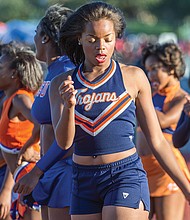 The VSU Woo Woos perform a cheer on the sidelines during the blowout game against Lincoln University of Pennsylvania.