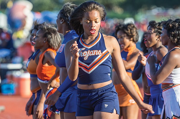 The VSU Woo Woos perform a cheer on the sidelines during the blowout game against Lincoln University of Pennsylvania.