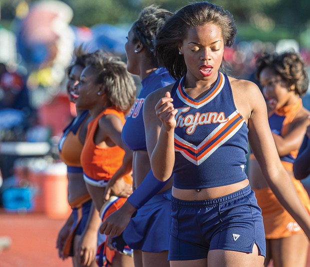 The VSU Woo Woos perform a cheer on the sidelines during the blowout game against Lincoln University of Pennsylvania.