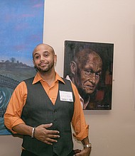 Celebrating artists // Artist and owner of Browne Art Studio, S. Ross Browne,smiles during the opening last Friday of “Then and Now,” a new show at his Manchester studio on Hull Street.