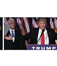 
Republican Donald Trump claims victory about 3 a.m. Wednesday after receiving a telephone call from Democrat Hillary Clinton conceding the presidential contest. Election results showed Mr. Trump had won more than the 270 electoral college votes needed to win. He is flanked by running mate Mike Pence, left, and his son, Baron. Left, her head bowed with emotion, Hillary Clinton addresses her staff and supporters at a formal concession speech in New York on Wednesday. 

Photo Credit : Carlos Barria / Reuters -Hillary.  Mike Segar/Reuters -Donald.