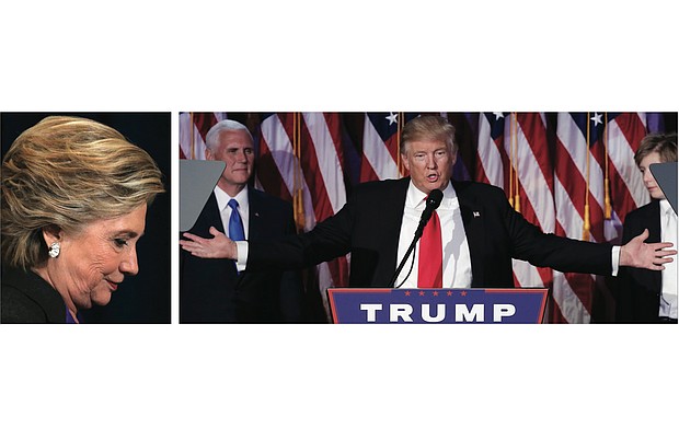 
Republican Donald Trump claims victory about 3 a.m. Wednesday after receiving a telephone call from Democrat Hillary Clinton conceding the presidential contest. Election results showed Mr. Trump had won more than the 270 electoral college votes needed to win. He is flanked by running mate Mike Pence, left, and his son, Baron. Left, her head bowed with emotion, Hillary Clinton addresses her staff and supporters at a formal concession speech in New York on Wednesday. 

Photo Credit : Carlos Barria / Reuters -Hillary.  Mike Segar/Reuters -Donald.