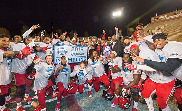 The Winston-Salem State University Rams football team celebrates their second consecutive CIAA championship following last Saturday’s 43-33 victory over Bowie State University. 