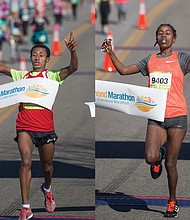 Dadi Beyene, 28, of Ethiopia clinched the men’s first-place finish, running 26.2 miles in 2 hours,19 minutes and 36 seconds.  //  Bizuwork Getahun, 27, of Ethiopia snaps through the finish line to become the women’s winner of the 2016 Richmond Marathon. Her time, 2 hours, 37 minutes and 51 seconds, was the fastest women’s winning time since 2002.