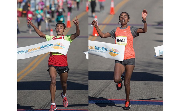 Dadi Beyene, 28, of Ethiopia clinched the men’s first-place finish, running 26.2 miles in 2 hours,19 minutes and 36 seconds.  //  Bizuwork Getahun, 27, of Ethiopia snaps through the finish line to become the women’s winner of the 2016 Richmond Marathon. Her time, 2 hours, 37 minutes and 51 seconds, was the fastest women’s winning time since 2002.