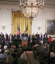 President Obama speaks during his last presentation of the Medal of Freedom, the nation’s highest civilian award, during a ceremony in the East Room of the White House on Nov. 22.