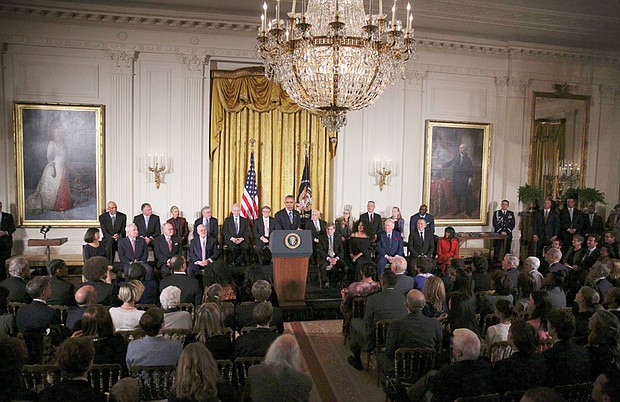President Obama speaks during his last presentation of the Medal of Freedom, the nation’s highest civilian award, during a ceremony in the East Room of the White House on Nov. 22.