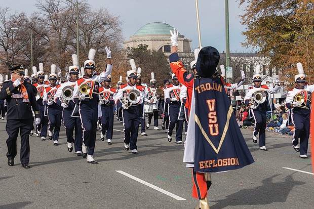 The Trojan Explosion, Virginia State University’s marching band, prepares for their next musical selection.