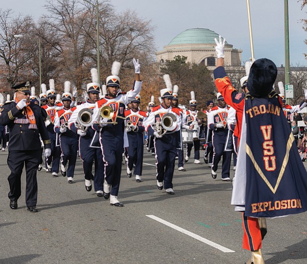 The Trojan Explosion, Virginia State University’s marching band, prepares for their next musical selection.