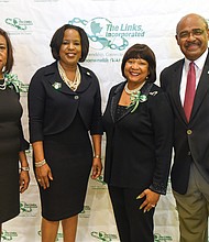 From left, Yvonne Brandon, president of the Commonwealth Chapter of The Links Inc.; speaker Rosalyn M. Brock, chair of the national NAACP Board of Directors; Claudia Wall, event chair; and Virginia Union University Acting President Joseph F. Johnson take a moment at The Links chapter’s 9th Biennial Green and White Luncheon held Nov. 19 at a Downtown hotel.