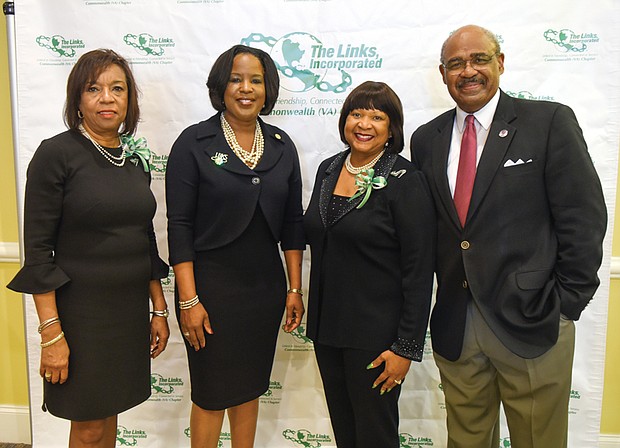 From left, Yvonne Brandon, president of the Commonwealth Chapter of The Links Inc.; speaker Rosalyn M. Brock, chair of the national NAACP Board of Directors; Claudia Wall, event chair; and Virginia Union University Acting President Joseph F. Johnson take a moment at The Links chapter’s 9th Biennial Green and White Luncheon held Nov. 19 at a Downtown hotel.