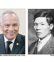 Tsujiro Miyazaki, right, father of the late Free Press founder and editor Raymond H. Boone, was born in Nagasaki, Japan, came to Suffolk in the late 1920s and started the Horseshoe Café. In 1943, U.S. government agents took him from his home and family and shipped him to the Rohwer internment camp in Arkansas. He never returned. The family doesn’t know if he died in the camp or was sent back to Japan.