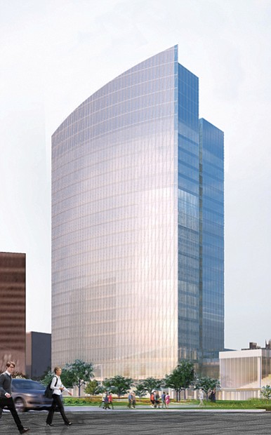 Rendering by Kendall/Heaton Associates 
Changing the skyline
Work began Monday on this 20-story, sail-shaped office tower that Dominion Resources is constructing in Downtown. The building, which is expected to have 1,000 employees and four floors of parking underground, is to open in 2019 in the block bounded by Cary, 6th, 7th and Canal streets. Dominion and the builders, Hourigan Construction Inc. of Richmond and Clayco Corp. of St. Louis, are promising that minority firms will play a significant role in the development. Dominion has hired Kenneth Johnson of the marketing and public relations firm Johnson Inc. as a diversity consultant. Dominion has yet to release the cost for the building, but it is projected to be around $100 million.