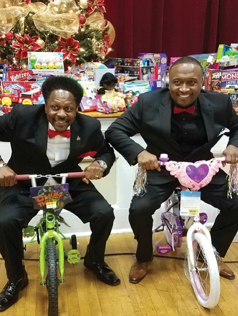 Courtesy of Jay Sharpe
Holiday test run
Jay Sharpe, right, and Kevin Stallings take a test drive on tricycles that will be given to Richmond children this holiday. The bikes are among 500 gifts donated at Mr. Sharpe’s third annual holiday party Dec. 8 to collect toys and presents for youngsters. Location: Trinity Baptist Church on North Side. The toys and gifts will be distributed through the church’s Prison Ministry. The event was co-hosted by Mr. Sharpe, a Downtown jeweler, and Antoinette Essa of WTVR CBS 6.