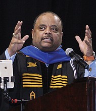 “It is now game time. Everything up to this point was in preparation for the game,” Roland S. Martin, host of TV One’s daily morning show NewsOne Now, tells Virginia State University graduates at last Saturday’s Fall Commencement.