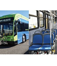 Above is a view of the Pulse, the vehicle GRTC will use to carry passengers on the 7.6-mile, Bus Rapid Transit line between Rocketts Landing and The Shops at Willow Lawn. GRTC showed off the bus — the first of 10 — last Friday at its South Side headquarters and depot on Belt Boulevard. Fueled by compressed natural gas, the bus will run more quietly than diesel vehicles. As the photo at right shows, the Pulse interior and seating resemble those of existing buses. One big difference: No fares will be collected inside. Riders will pay at one of the 14 stations before boarding. 