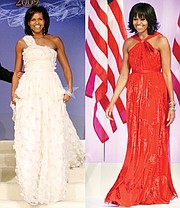 First Lady Michelle Obama steps onto the stage at her husband’s first inaugural ball in January 2009 wearing a custom ivory, one-shoulder gown with Swarovski crystals and rosette appliqués by designer Jason Wu. Mr. Wu also designed the ruby gown, far right, Mrs. Obama wore at the second inaugural ball in January 2013.