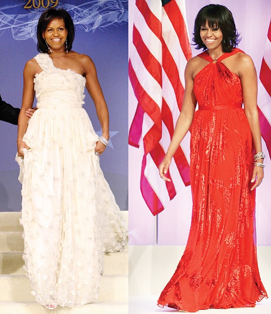 First Lady Michelle Obama steps onto the stage at her husband’s first inaugural ball in January 2009 wearing a custom ivory, one-shoulder gown with Swarovski crystals and rosette appliqués by designer Jason Wu. Mr. Wu also designed the ruby gown, far right, Mrs. Obama wore at the second inaugural ball in January 2013.
