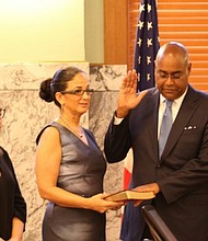 Rodney Ellis being sworn in as Harris County Commissioner, Precinct One/Twitter 
