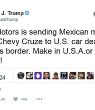 President-elect Donald Trump sent a threat Tuesday to General Motors: Make the Chevrolet Cruze in the United States or face a heavy tax.