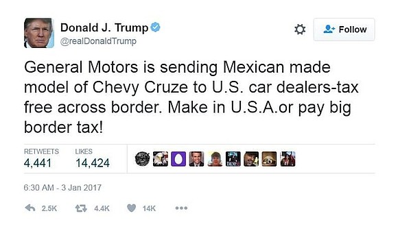 President-elect Donald Trump sent a threat Tuesday to General Motors: Make the Chevrolet Cruze in the United States or face …