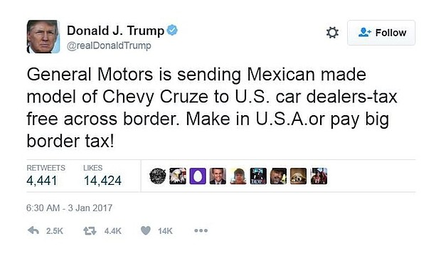 President-elect Donald Trump sent a threat Tuesday to General Motors: Make the Chevrolet Cruze in the United States or face a heavy tax.