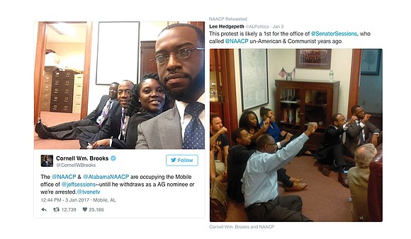 Several African-American civil rights activists staged a sit-in at the Alabama office of U.S. Sen. Jeff Sessions on Tuesday.