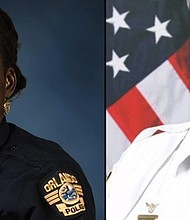 Orange County Sheriff Deputy First Class Norman Lewis (right) has been identified as the officer killed in a motorcycle accident while searching for the suspect in the shooting death of collegue police officer Master Sargent Debra Clayton (left). Clayton was killed Monday, January 9, 2017 and a manhunt is under way for the gunman who shot her, the Orlando Police Department said. Credit: Orange County Sheriff's Office/Orlando Police Department
