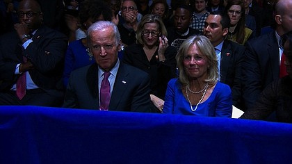 	Vice President Joe Biden and his wife Jill listen to President Obama deliver his final presidential speech to the nation on January 10, 2017 in Chicago, Illinois.