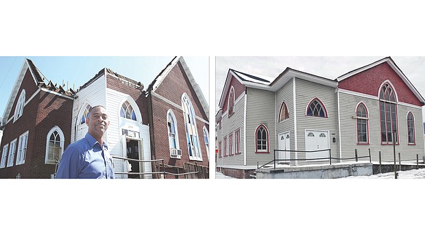 Creating a church home // Pastor Jeffrey A. Lee Sr., left, is on a mission to turn the once roofless building at 2700 Q St. in Church Hill into a home for the church he founded, Spirit of God Ministries International. A full-time Pepsi salesman, Pastor Lee, 52, and his 20-member congregation are making progress, as the before and after photos show. The left photo was taken in September 2012, when the small congregation purchased the building from Greater St. Beulah Holiness Church for about $50,000. Since then, the congregation has spent another $50,000 transforming the exterior. The photo at right was taken Tuesday. Pastor Lee said the church’s next step is to redo the interior so it can be used for worship and other activities. Until that work is done, and there is no firm timetable as yet, he and his congregation will continue to hold services at the Our House community center in Mosby Court. 
 