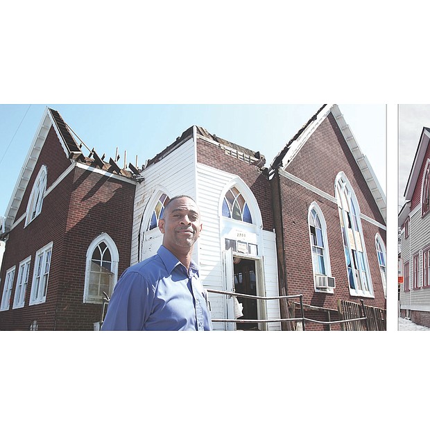 Creating a church home // Pastor Jeffrey A. Lee Sr., left, is on a mission to turn the once roofless building at 2700 Q St. in Church Hill into a home for the church he founded, Spirit of God Ministries International. A full-time Pepsi salesman, Pastor Lee, 52, and his 20-member congregation are making progress, as the before and after photos show. The left photo was taken in September 2012, when the small congregation purchased the building from Greater St. Beulah Holiness Church for about $50,000. Since then, the congregation has spent another $50,000 transforming the exterior. The photo at right was taken Tuesday. Pastor Lee said the church’s next step is to redo the interior so it can be used for worship and other activities. Until that work is done, and there is no firm timetable as yet, he and his congregation will continue to hold services at the Our House community center in Mosby Court. 
 