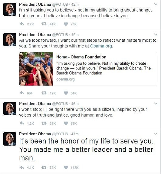 President Barack Obama tweeted the American people in his final hours as head of state promising to continue his work with them, and unveiling a new website.