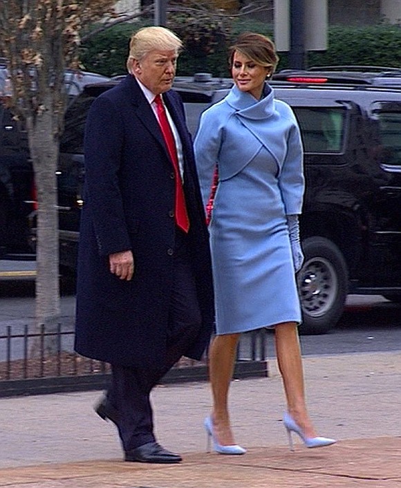 Melania Trump stepped out in a powder blue Ralph Lauren outfit that harkened back to Jacqueline Kennedy Onassis' iconic style.