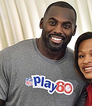 During the NFL Play 60 Challenge Virtual Field Trip, Houston Texans players Whitney Mercilus (left) and the American Heart Association’s Mercedes Carnethon, Ph.D. (right) will teach students the science behind cardio and strength exercises that NFL players use to stay fit and active.