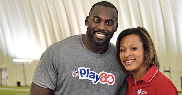 During the NFL Play 60 Challenge Virtual Field Trip, Houston Texans players Whitney Mercilus (left) and the American Heart Association’s Mercedes Carnethon, Ph.D. (right) will teach students the science behind cardio and strength exercises that NFL players use to stay fit and active.